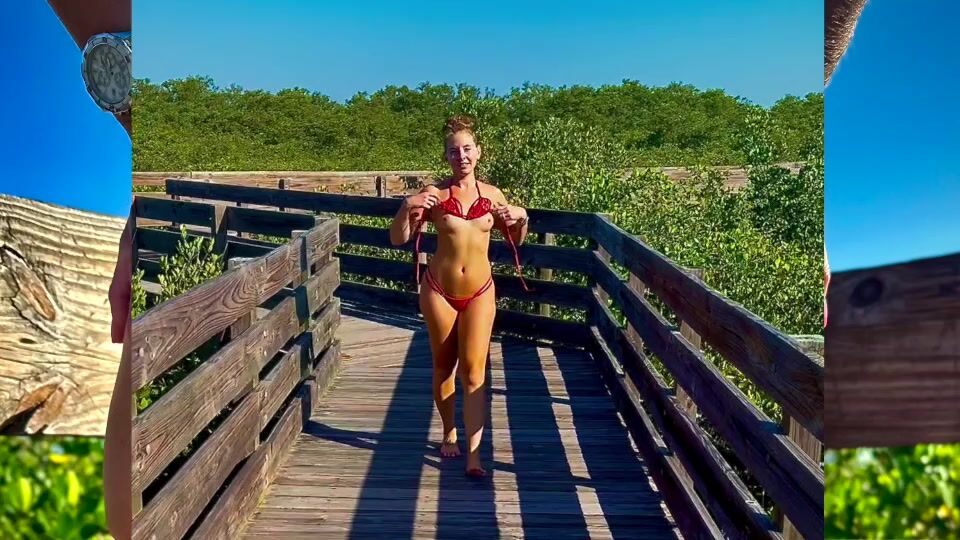 Wife stripping off that bikini on the boardwalk