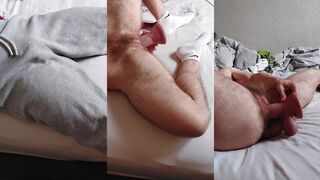 Ftm Boy Fucking His Hairy Pussy with a Huge Dildo and Squirting All Over the Bed